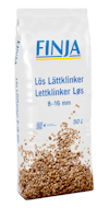 Vit påse med texten "FINJA Lös Lättklinker Lettklinker Løs 8-16 mm 50 L" och en bild av små bruna kulor längst ner.