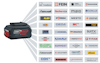 Batteri från AMPShare och logotyper från olika företag anslutna till AMPShare-systemet.