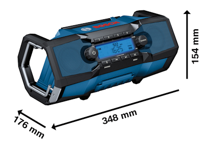 Blå Bosch radio med handtag, digital display och måtten 348 mm x 176 mm x 154 mm markerade.