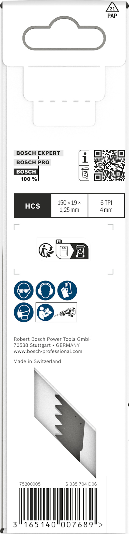 Förpackning för en Bosch sticksågklinga med specifikationer och streckkod.