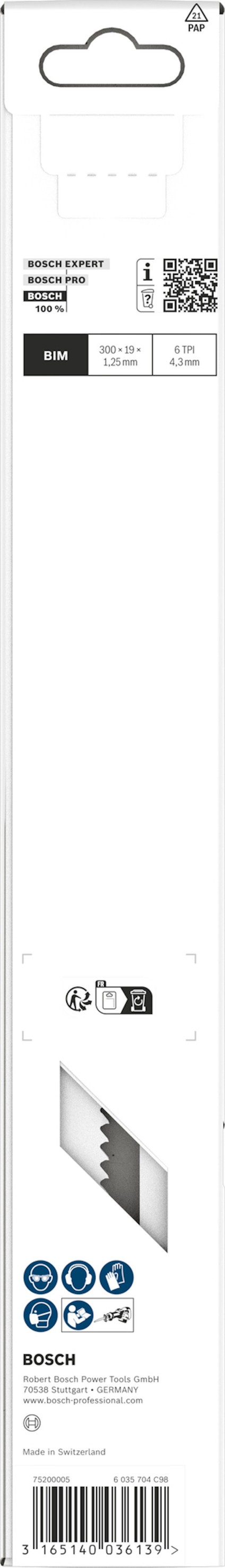 Förpackning med figursågblad Bosch, text på olika språk, QR-kod och instruktioner.