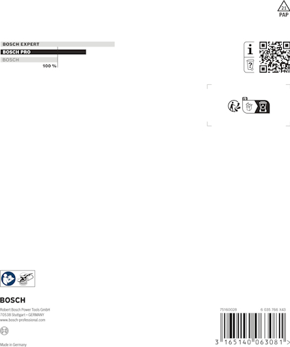 Förpackningsdesign med streckkod, QR-kod och Bosch-logo. Text inkluderar "Bosch Expert" och kontaktinformation i små bokstäver.