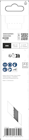 Förpackning av Bosch sågblad med information, streckkod och symboler.