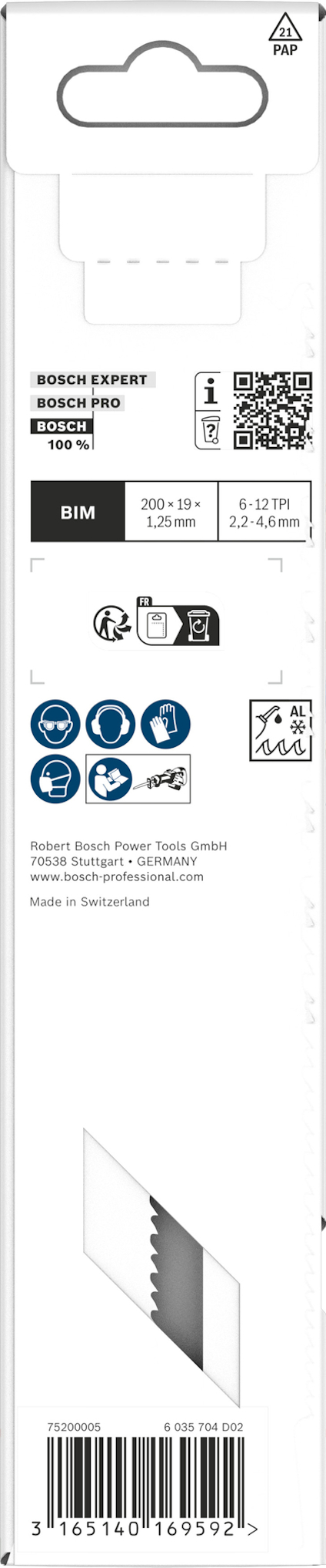 Förpackning av Bosch sågblad med information, streckkod och symboler.