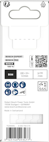 Förpackning med Bosch sågblad, modell T 123 XF, BIM-material, 100 mm längd, 14 TPI, tillverkad i Schweiz.