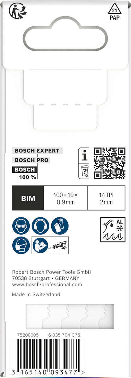 Förpackning med Bosch sågblad, modell T 123 XF, BIM-material, 100 mm längd, 14 TPI, tillverkad i Schweiz.