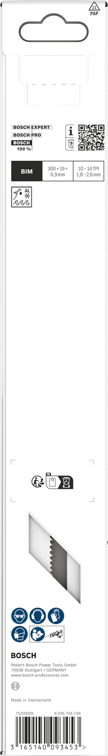 Förpackning med sågtänder och text med märkning "Bosch" och referenser för användning och specifikationer.