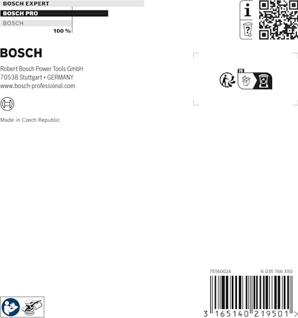Förpackning med Bosch-logotyp och detaljer för "Bosch Power Tools GmbH" i Tyskland. QR-kod och symboler synliga.