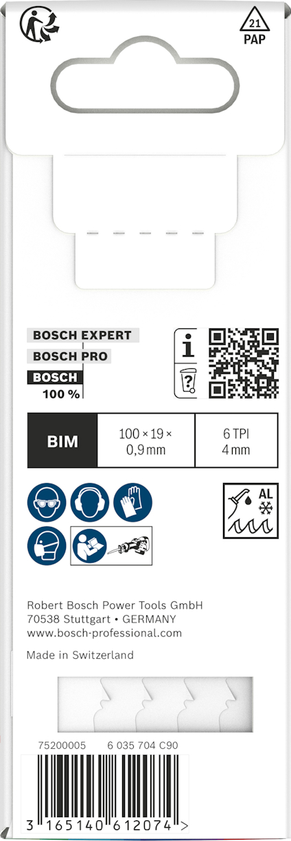 Förpackning med Bosch sågblad, visar specifikationer: BIM, 100-109 mm, 0,9 mm tjock, 6 TPI, 4 mm. Made in Switzerland.