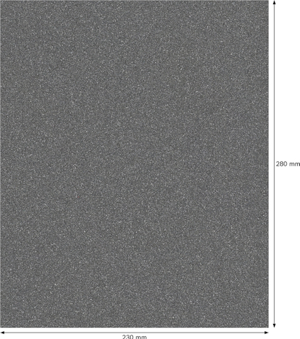Rektangulärt grått sandpapper med måtten 280 mm x 230 mm, markerade med pilar.