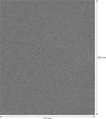 Rektangulärt ark med sandpappersstruktur, mått 230 mm x 280 mm.