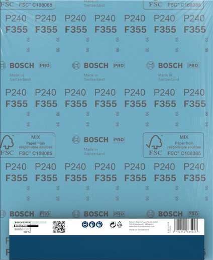 Pappersark med text "Bosch PRO P240 F355 Made in Switzerland" och FSC-logga.
