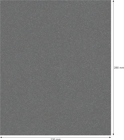 Rektangulärt sandpapper med måtten 230 mm x 280 mm.