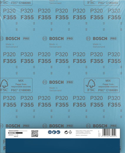 Pappersark från Bosch med text: "P320 F355", "Made in Switzerland", FSC-märkning, "MIX", "Pro".