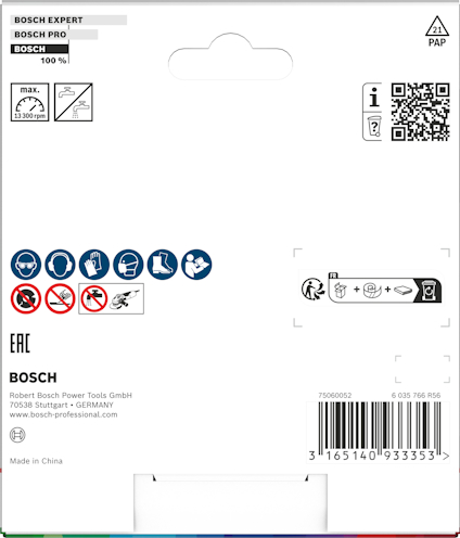 Förpackning med varningssymboler, QR-kod och Bosch-logotyp.