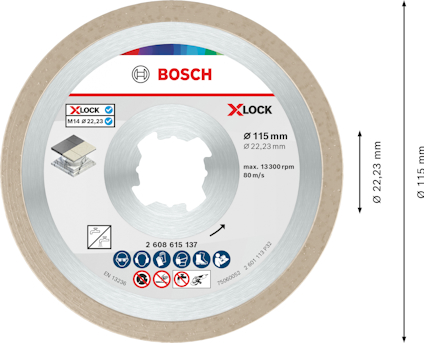 Blandskiva Bosch X-Lock, diameter 115 mm, max 13,300 rpm, 80 m/s, symboler för säkerhetsanvisningar.