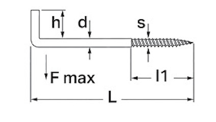 Diagram över en krokbult med mättecken; h, d, s, F max, l1 och L.