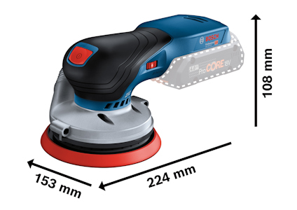 Roterande slipmaskin med Bosch-logotyp. Mått anges: 224 mm, 153 mm, 108 mm.