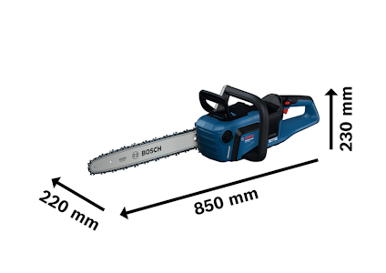 Elektrisk motorsåg av märket Bosch, med måtten 850 mm i längd och 230 mm i höjd.