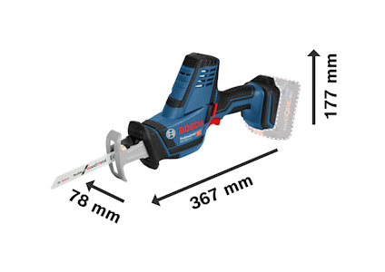 Blå Bosch tigersåg med svart handtag och måtten 367 mm lång, 177 mm hög och 78 mm bred.