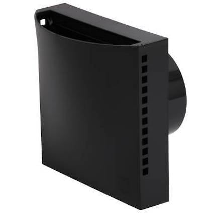 Svart väggmonterad ventilationsfläkt med diskret design och perforerade sidor.
