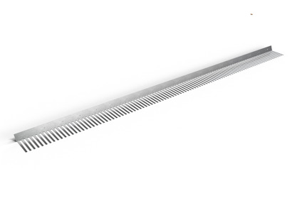 Metalliskt band med regelbundna hål, mot svart bakgrund.