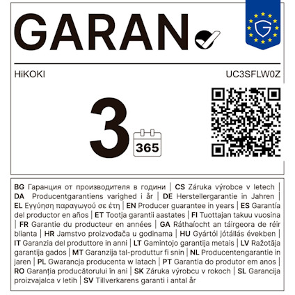 GARAN 3 365 följt av garantin på flera språk och en EU-symbol till höger.